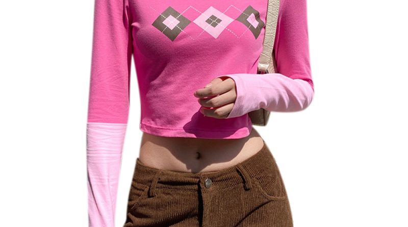 Argyle Pink Sweat Y2K Crop Top T Shirt Women